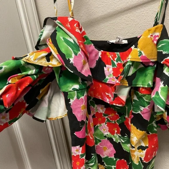 NWT Topshop Floral Bardot Mini Dress Cotton Blend Bold Ruffle Off Shoulder - Picture 5 of 7